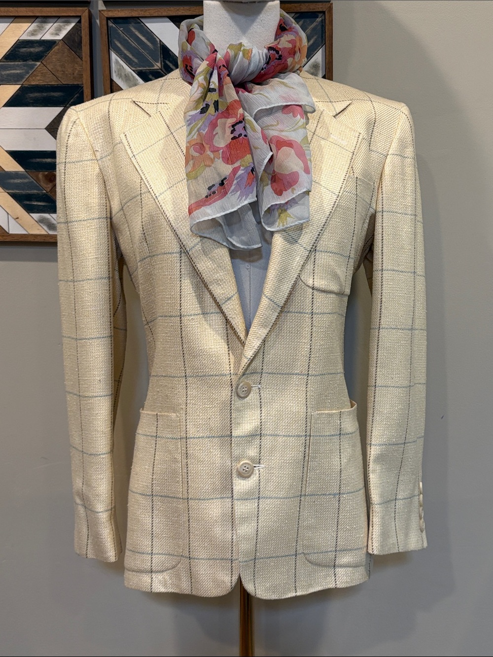 Vintage Ralph Lauren Blue Label 70s Windowpane Raw Silk Blazer Jacket size 4